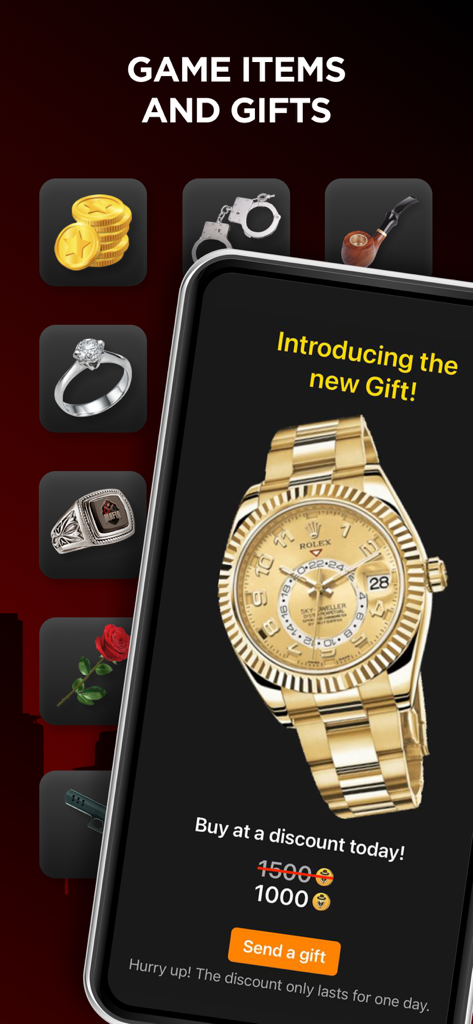 Mafia Game: Play with Friends - Display of virtual game items and a luxury gold watch gift in the Mafia Game app