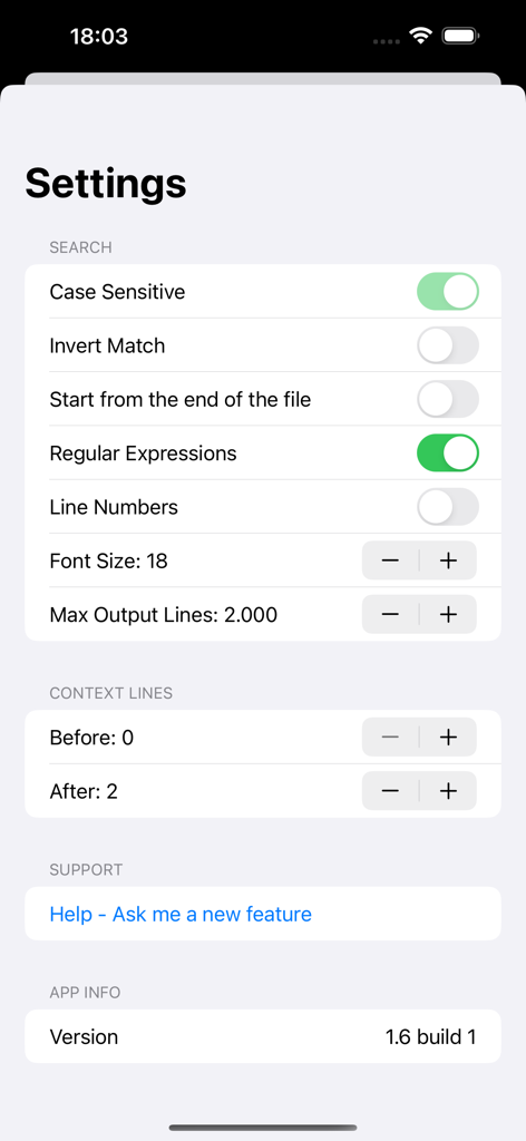 Greppy app settings menu with search configuration and regular expression toggles