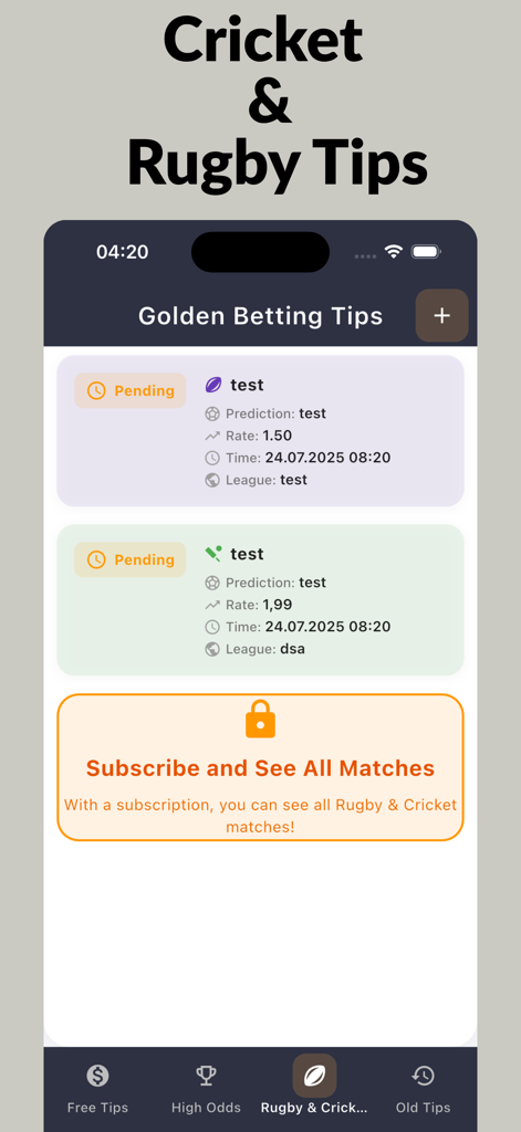 Golden Soccer Bet Predictions - Cricket and Rugby betting tips screen showing prediction rates and subscription banner