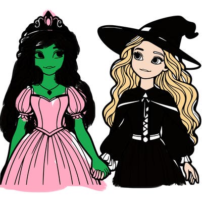 a princess and a witch holding hands realistic