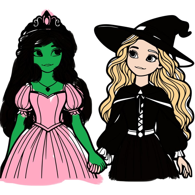 a princess and a witch holding hands realistic
