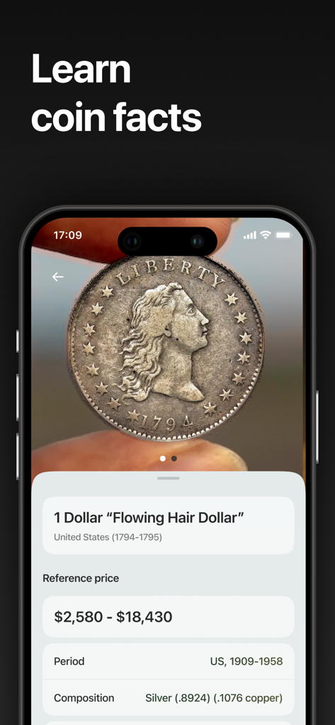 Mobile app screen showing the identification and market value of a rare 1794 silver dollar coin