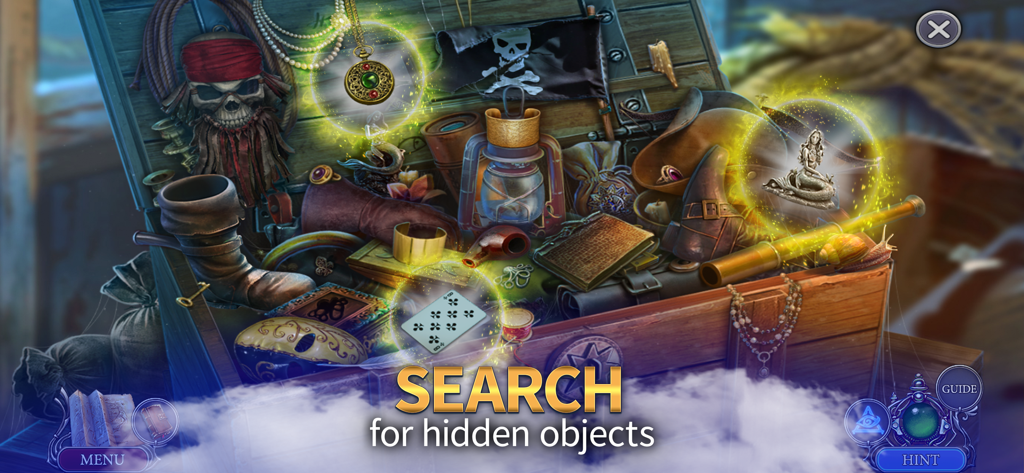 Dark City: Amsterdam Mystery - A hidden object scene in Dark City Amsterdam Mystery featuring a treasure chest filled with pirate themed items and collectibles.