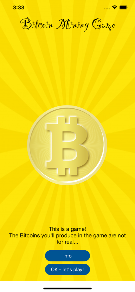Bitcoin Mining Game - Main menu of the Bitcoin Mining Game app featuring a gold Bitcoin symbol on a yellow sunburst background with a play button.