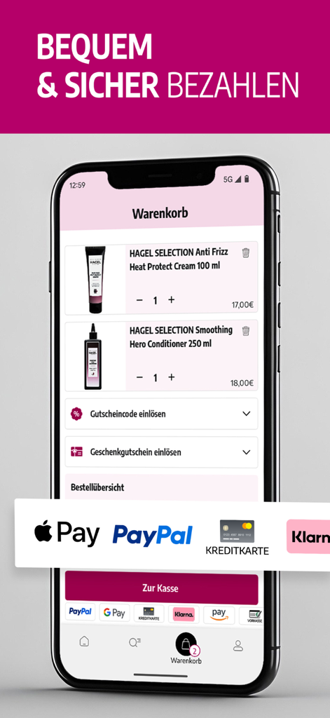 Checkout-Bildschirm der HAGEL-SHOP App mit dem Warenkorb, Haarprodukten und sicheren Zahlungsmethoden wie Apple Pay und PayPal.