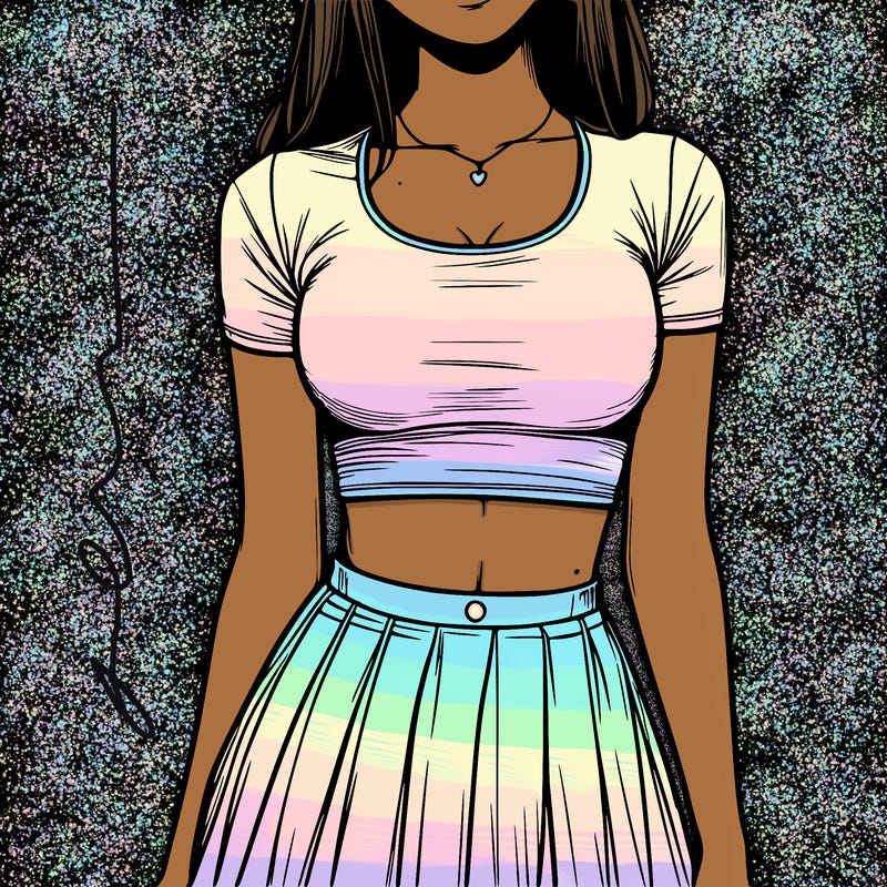 realistic girl wearing crop top and skirt