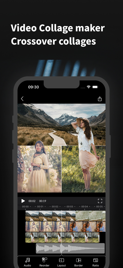 Slideshow Maker & Music Video - Mobile App-Oberfläche mit einem Video-Collagen-Ersteller mit Foto-Layouts und einer Bearbeitungs-Timeline.
