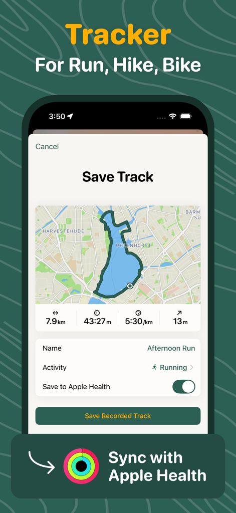 Loop Maps My Run Route Planner - Mobile screen showing a recorded running route loop on a map with distance and time stats and Apple Health integration.