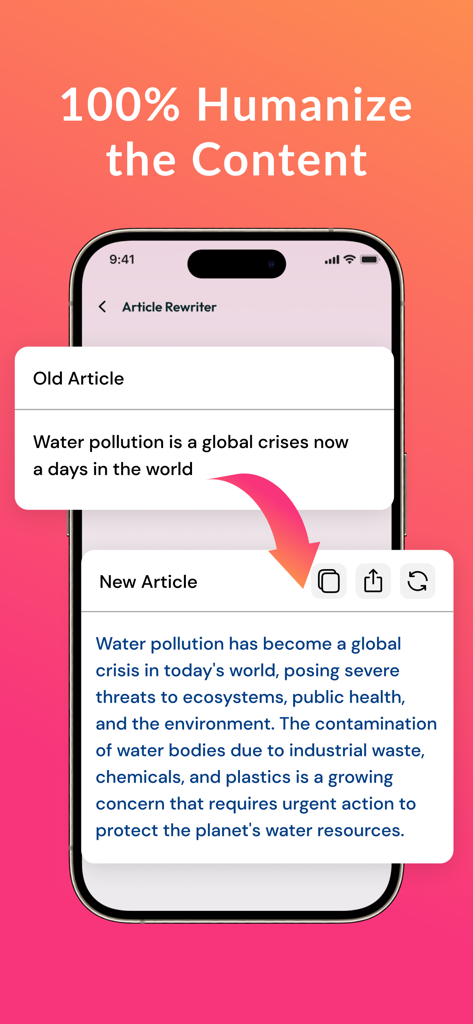 Plagiarism Remover-AI Rewriter - A smartphone screen displaying the Plagiarism Remover app humanizing an article about water pollution to create original content