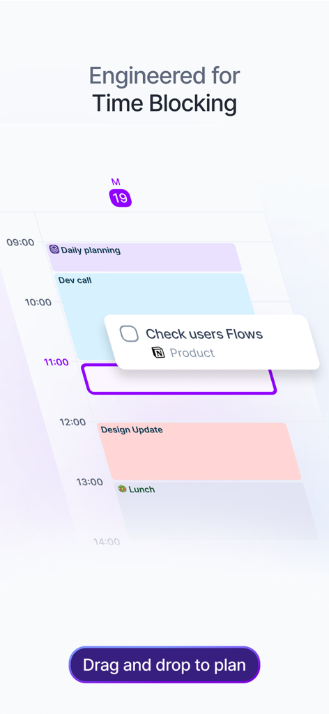Interfaz del planificador IA de Akiflow para móviles que muestra el bloqueo de tiempo del calendario diario y la gestión de tareas