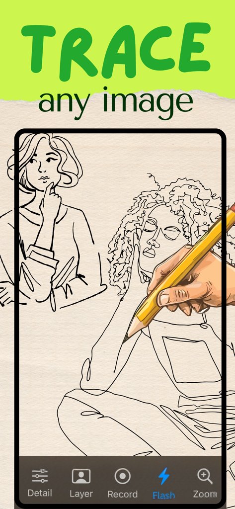 Trace Drawing - Una mano usando un lápiz amarillo para calcar un dibujo lineal de la pantalla de un iPhone sobre papel físico