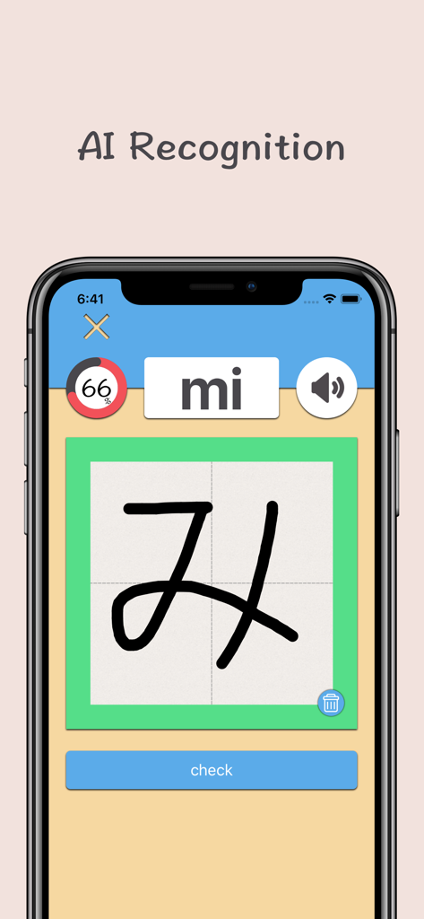 iPhone app screen showing AI recognition of a handwritten Japanese Hiragana character mi