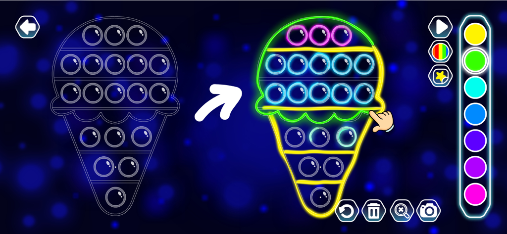 A neon glow ice cream cone pop-it being colored in a kids drawing app.