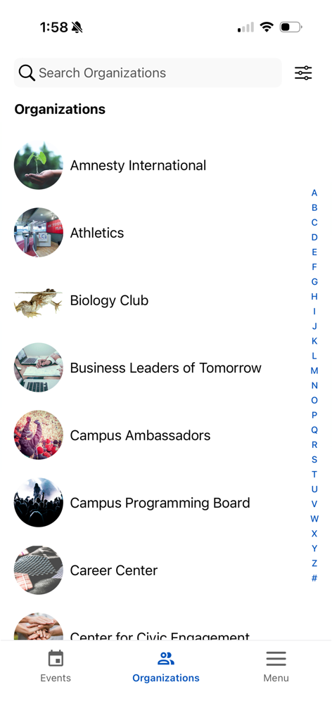 Corq - Screenshot of the Corq app organizations page showing a list of campus student clubs and a search bar