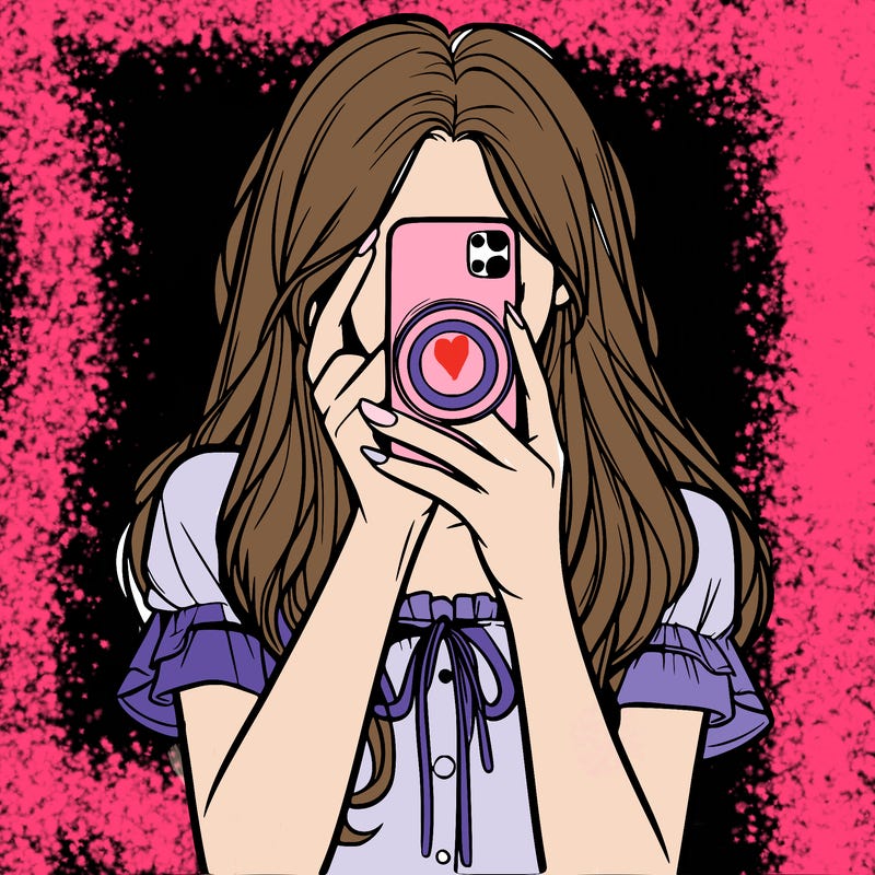 a realistic girl holding her phone taking pictures