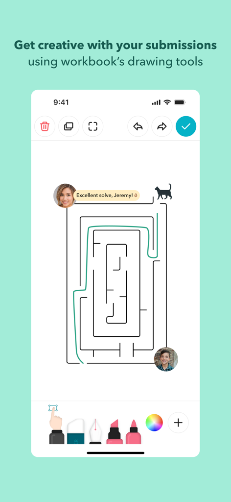 Toddle Student - A student using digital drawing tools in the Toddle Student app to solve a maze assignment with teacher feedback