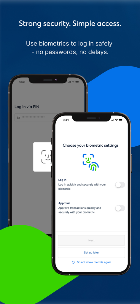 Straight2Bank - Mobile app screens showing biometric settings for secure login and transaction approval in Straight2Bank