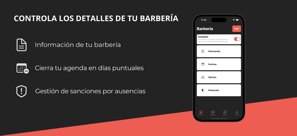 GoBarber Pro shop management screen with options for business info and schedule settings.
