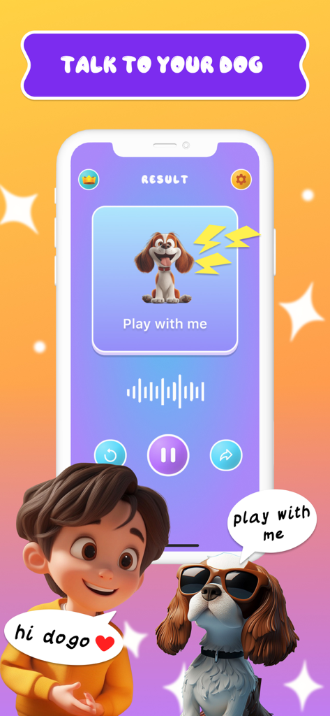 DogTalk: Dog Translator & Game - Interface of the DogTalk app showing a translated dog bark result saying play with me