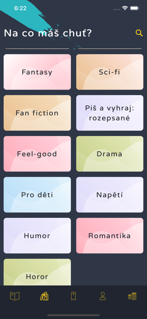 Genre selection screen in the Storki app showing categories like Fantasy, Sci-fi, and Fan fiction.