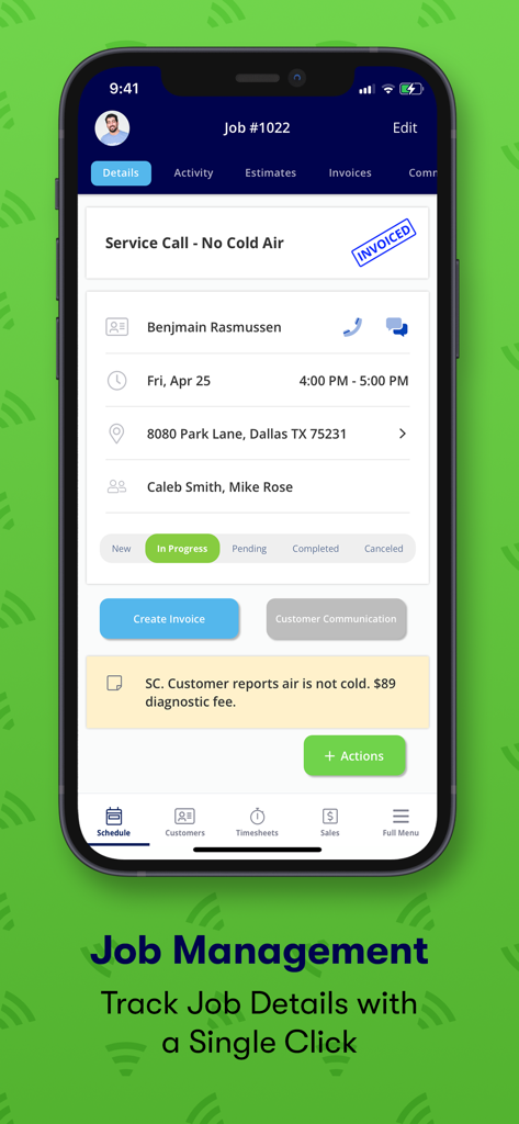 FieldPulse mobile app interface showing detailed job management and service call information on an iPhone