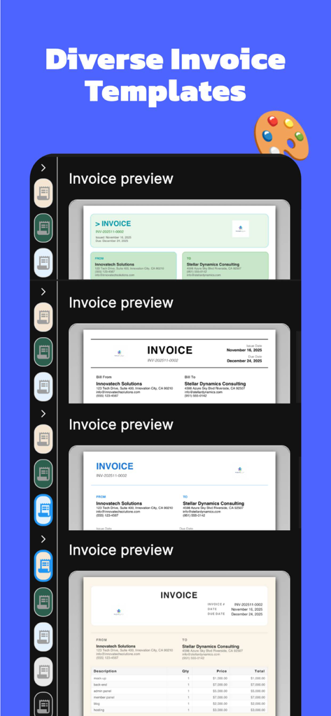 Simple Invoice Pro creator - Simple Invoice Pro creatorアプリで利用可能なプロフェッショナルな請求書テンプレートのセレクション