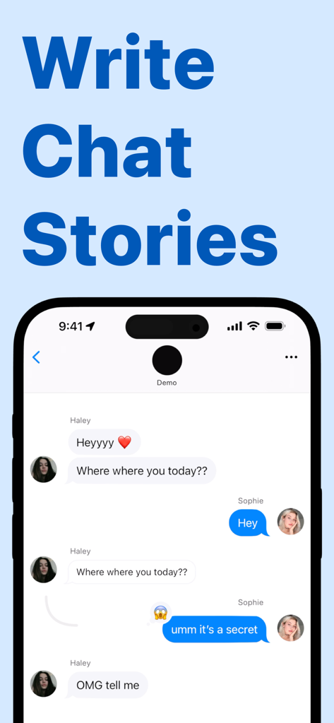 Text Story Maker - ChatTales - 텍스트 스토리 작성이라는 제목으로 두 등장인물 간의 가상의 채팅 대화를 표시하는 iPhone 화면