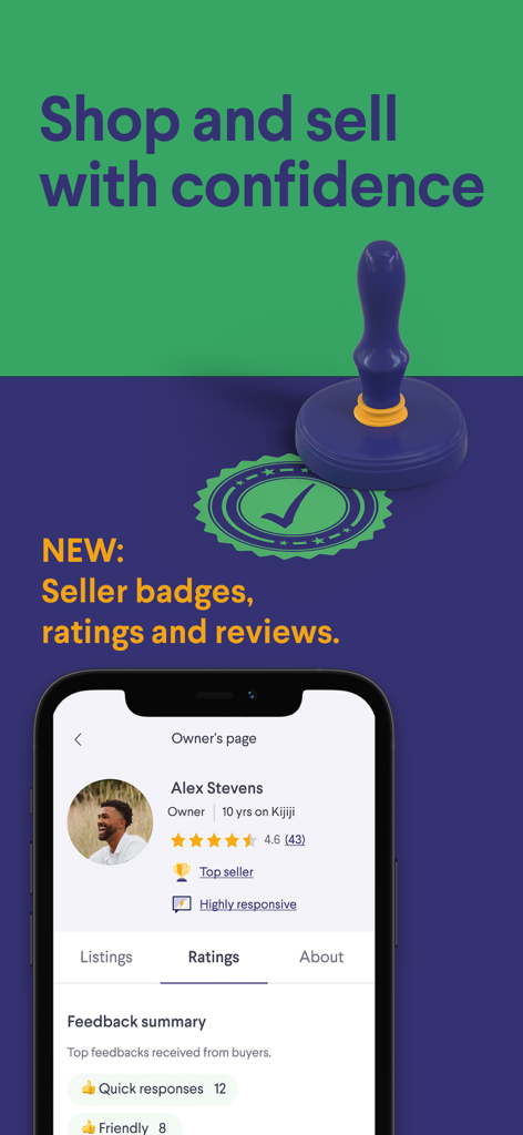 Kijijiアプリの画面に評価、信頼バッジ、購入者のフィードバック概要が表示された出品者プロフィールが表示されています