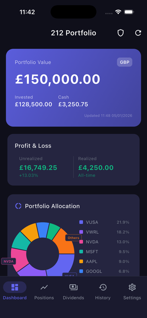 212 Portfolio - Ein sauberes mobiler App-Dashboard für 212 Portfolio, das den gesamten Kontowert und ein Kuchendiagramm der Vermögensallokation zeigt.