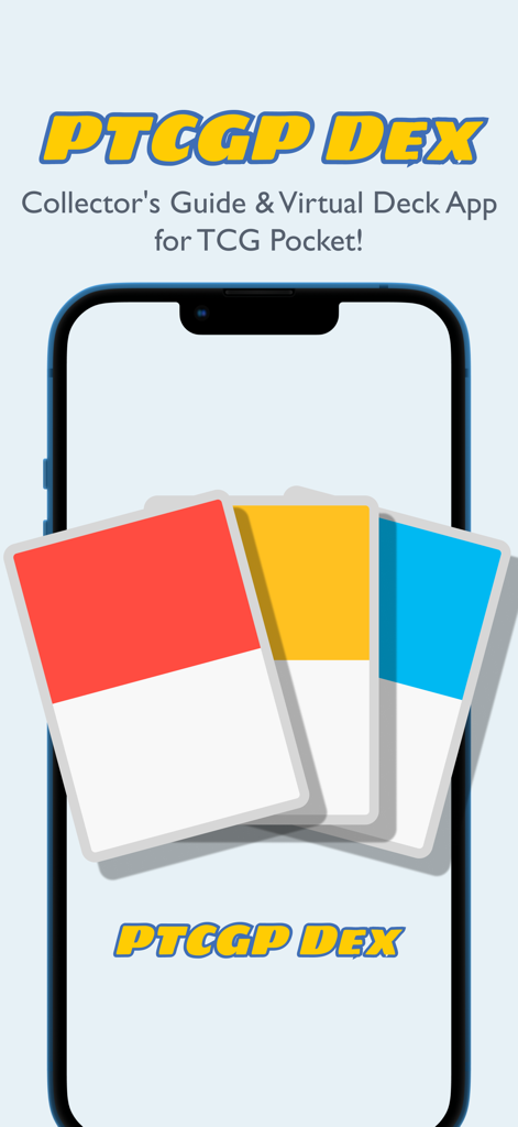 PTCGP Dex Pro: TCG Guide app - Splash screen of PTCGP Dex Pro app featuring the Collector's Guide and Virtual Deck features for TCG Pocket.