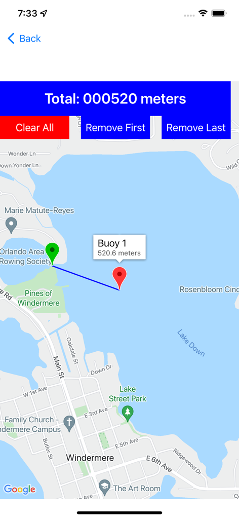 Interface mostrando uma medição de distância de 520 metros de um clube de remo para uma boia no Lago Down