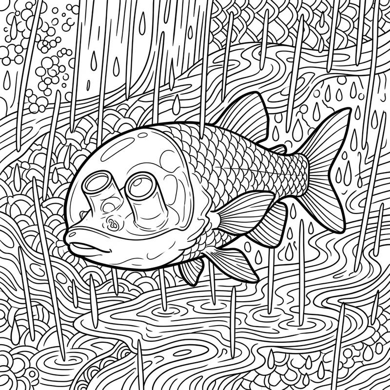 Discover the deep-sea marvel, the Barreleye Fish, in a captivating rainy day scene. This intricate coloring page invites you to explore the wonders of the ocean and the beauty of a downpour with your favorite colors.