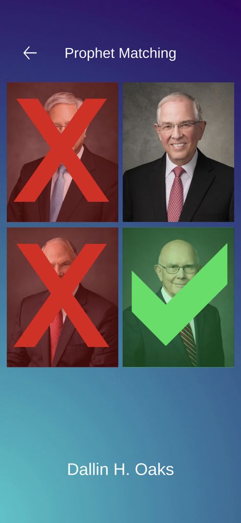 A Prophet Matching game screen from the LDS Quiet Games app showing photos of church leaders with a green checkmark on the correct match.