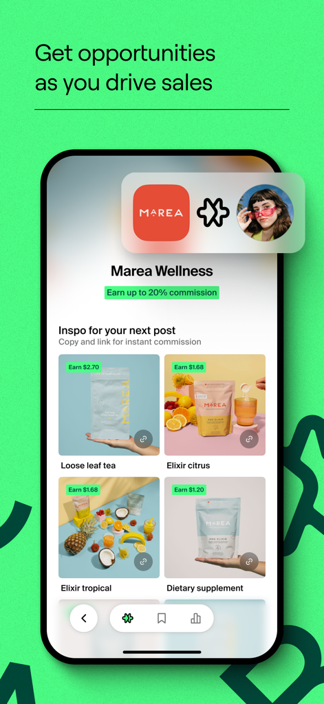 Interfaz de la app móvil Shopify Collabs que muestra oportunidades de asociación de marca y comisiones potenciales.