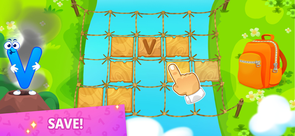 ABC: Alphabet Learning Games - Educational game screen featuring a cartoon letter V character and a matching puzzle over a river