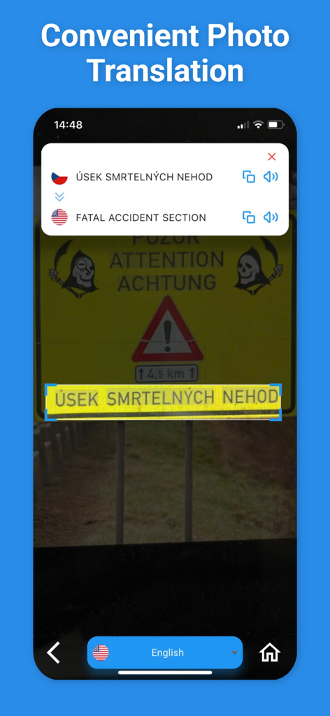 Interfaz de la aplicación móvil que muestra la traducción por foto de una señal de tráfico del checo al inglés