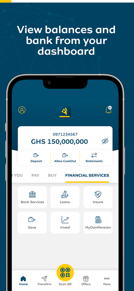 MoMo App - Panel de control de la aplicación MoMo que muestra el saldo de la cuenta y servicios financieros como préstamos y ahorros