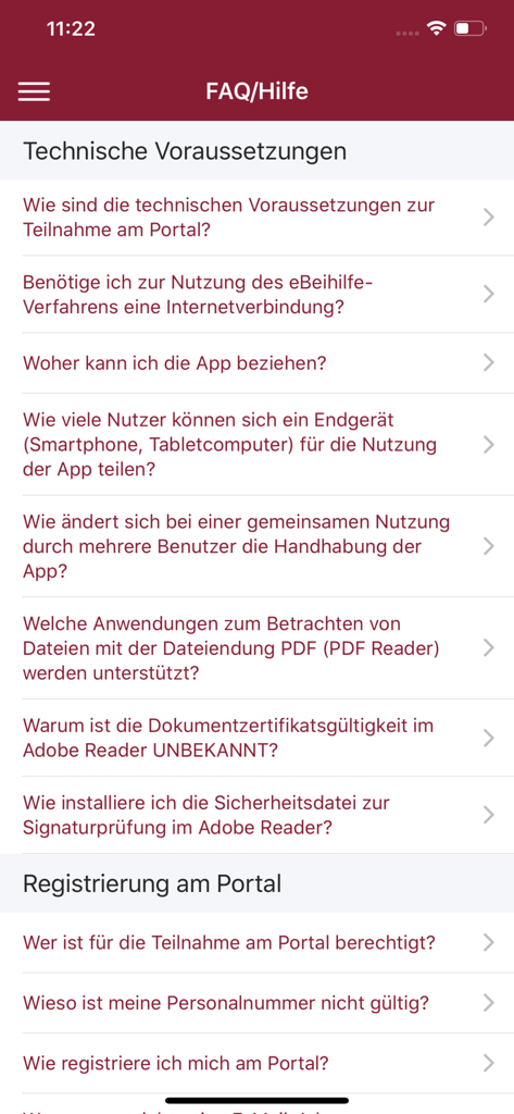 Ein Screenshot des FAQ- und Hilfebereichs innerhalb der mobilen eBeihilfe RLP-Anwendung, der technische Anforderungen und Registrierungsinformationen anzeigt.