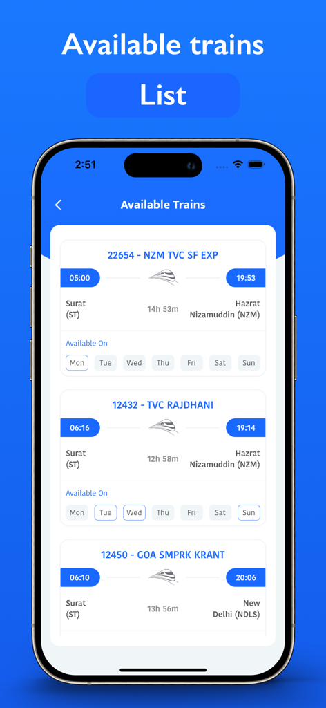 RailOne : Where is my Train - Schermata dell'app mobile che mostra un elenco di treni disponibili delle ferrovie indiane con orari di partenza e arrivo