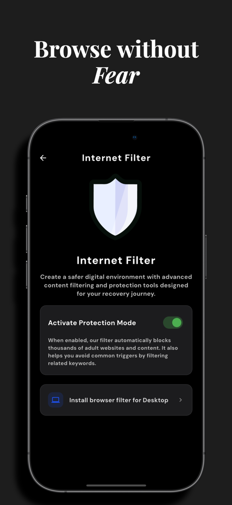 UNSHAKEN: Quit Porn Now - UNSHAKEN app internet filter interface with active protection mode toggle and shield icon