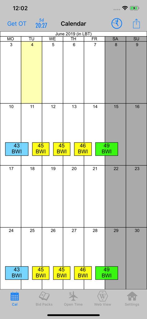 BidX Mobile Edition trip calendar showing pilot flight schedules and rotations