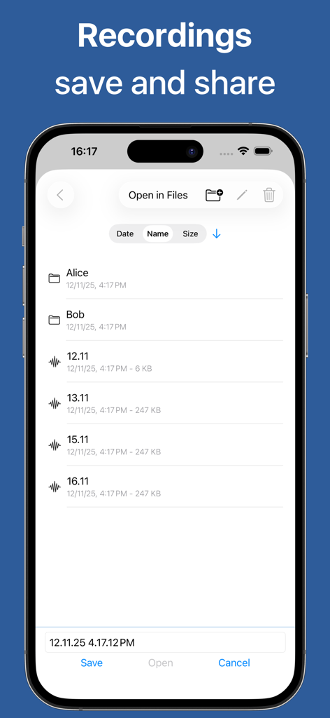 Tela do smartphone mostrando a lista de gravações de voz e a interface de gerenciamento de arquivos no aplicativo Voice Analyst