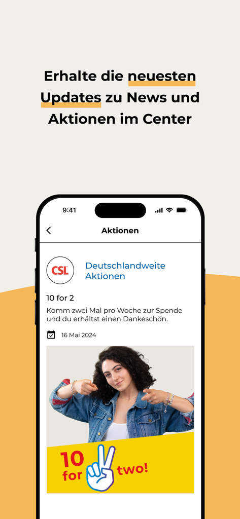 Mein CSL Plasma - A mobile app screen showing news and center promotions for plasma donors