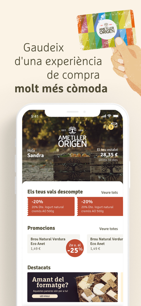 Ametller Origen mobile app home screen showing personalized discounts and loyalty card