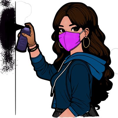 realistic girl with mask spray painting a wall