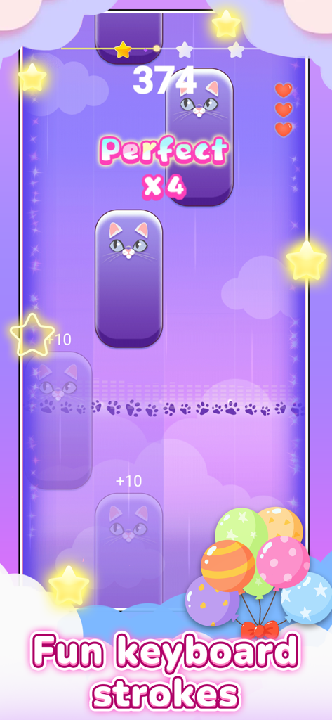 PopCat Tiles: Piano & Music - Capture d'écran du gameplay de PopCat Tiles montrant des tuiles de musique violettes sur le thème des chats avec des indicateurs de score et des ballons.