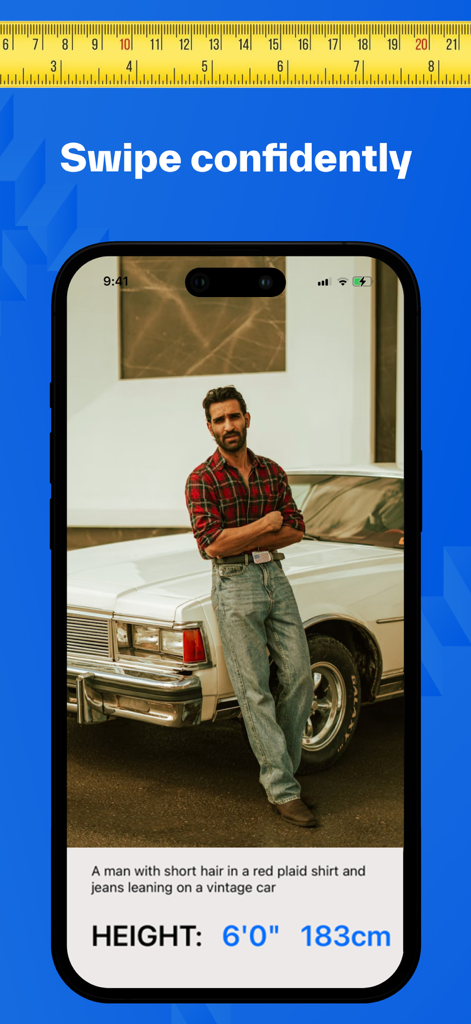 HeightSight AI mobile app screen showing a height estimation of six feet for a man leaning on a car
