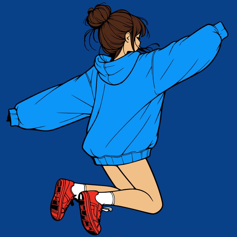 realistic girl jumping with a bun and oversized sweatshirt