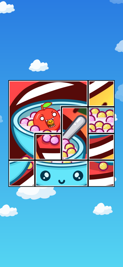 Food Sort - Puzzle Game - Mobile gameplay showing a scrambled food illustration puzzle with a cute bowl and apple.