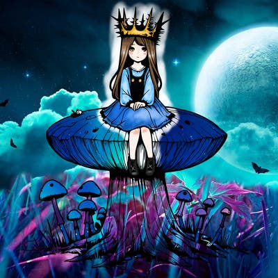 realistic girl sitting on a huge tree stump size toadstool with thorn crown